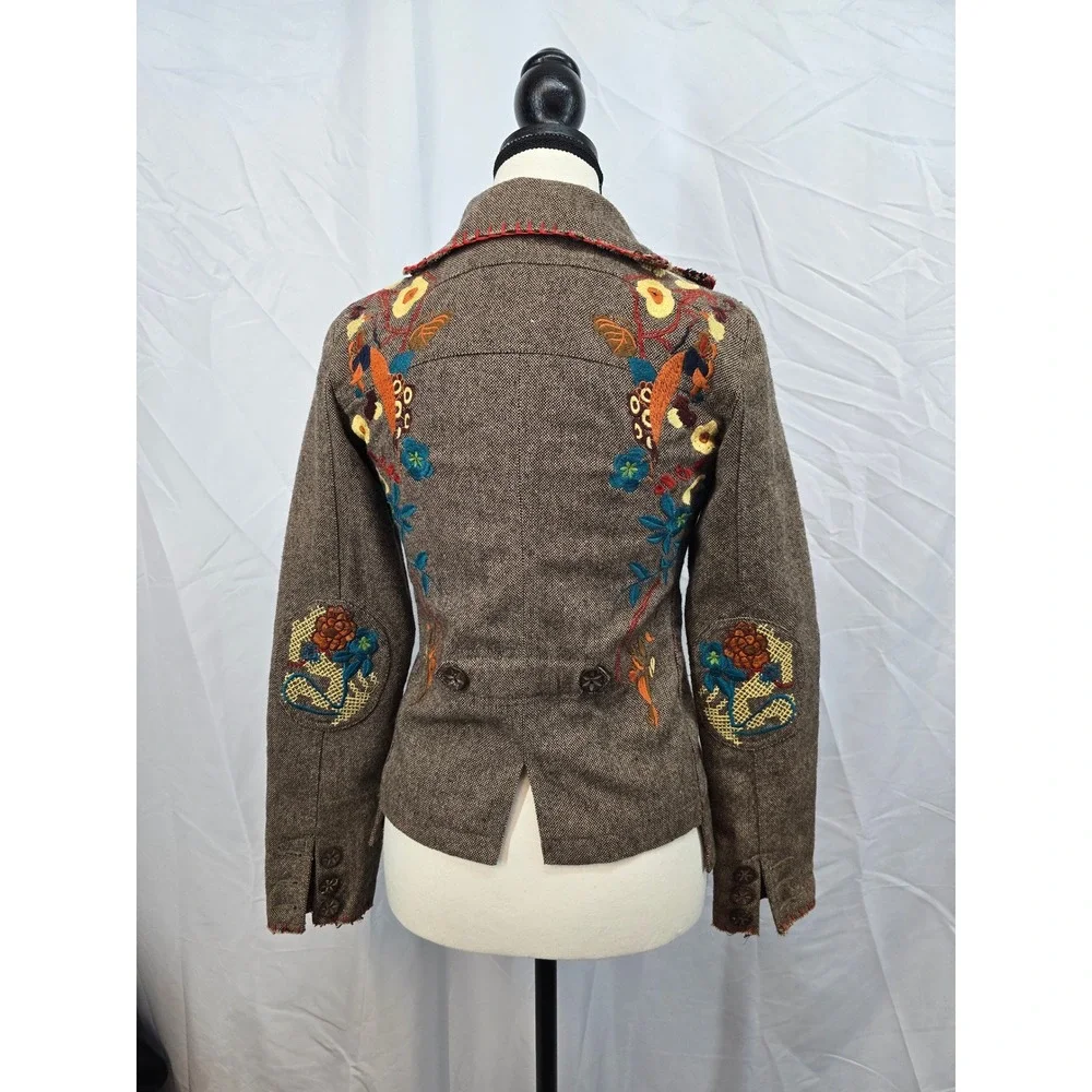 Boho Embroidered Tweed Blazer Brown Wool Blend Floral Bird Jacket Womens Small - Picture 4 of 5